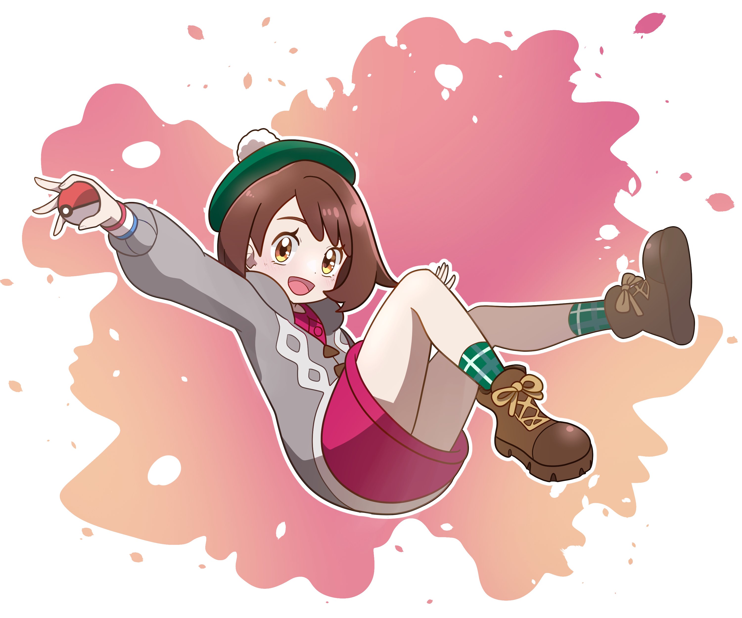 muis0802, gloria (pokemon), nintendo, pokemon, pokemon swsh, absurdres, highres, mixed-language commentary, 1girl, :d, boots, brown boots, brown eyes, brown hair, cardigan, dress, dynamax band, eyelashes, full body, green hat, green socks, grey cardigan, happy, hat, holding, holding poke ball, hood, hood down, hooded cardigan, open mouth, outline, pink dress, poke ball, poke ball (basic), short hair, smile, socks, solo, tam o' shanter, tongue