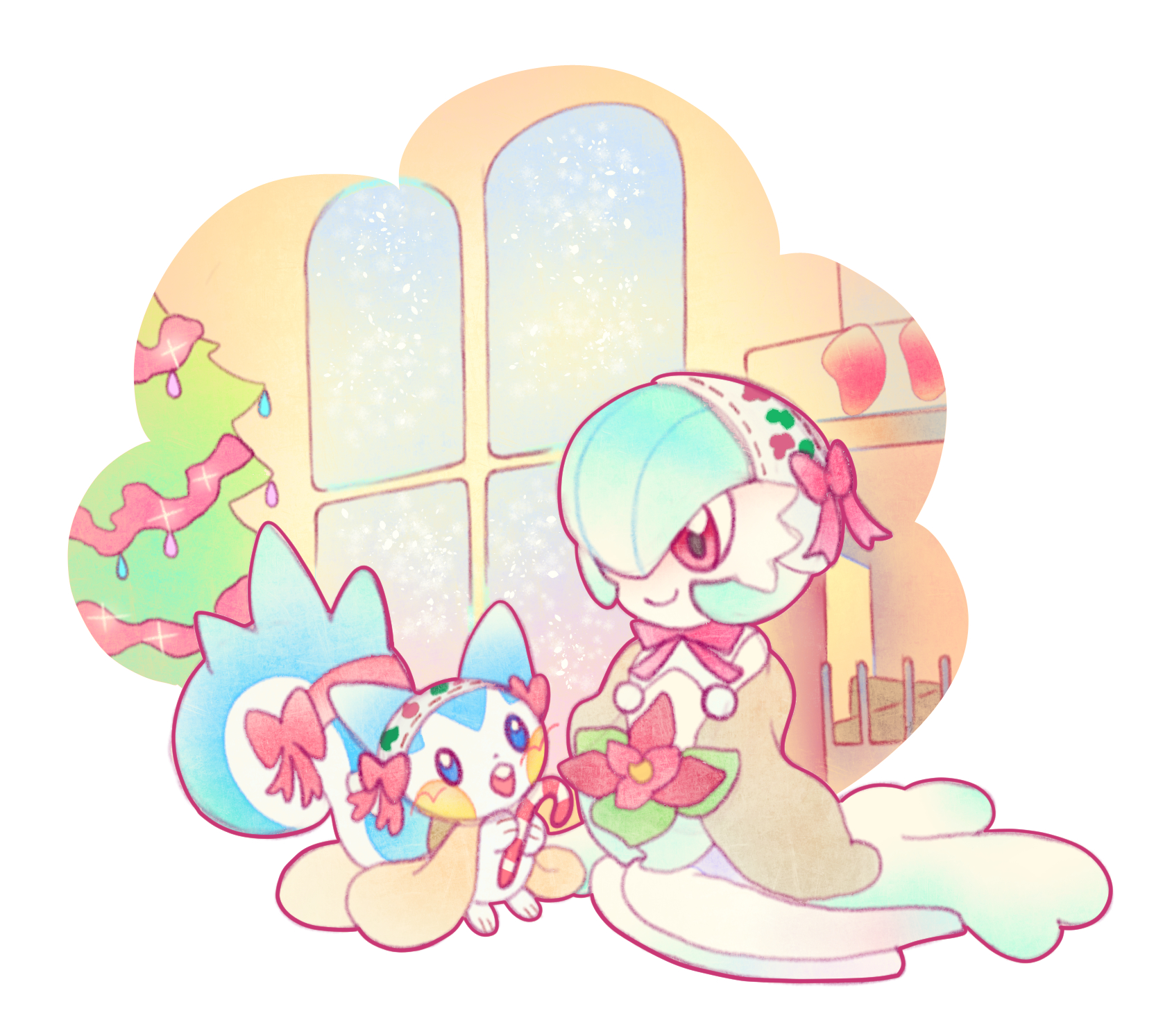 gardevoir, pachirisu, nintendo, pokemon, highres, blue fur, bow, candy, candy cane, chimney, christmas, christmas tree, clothed pokemon, food, gen 3 pokemon, gen 4 pokemon, holding, holding candy, holding candy cane, holding food, multicolored fur, pink bow, pkyung88, pokemon (creature), snowing, stuffed toy, white fur, window