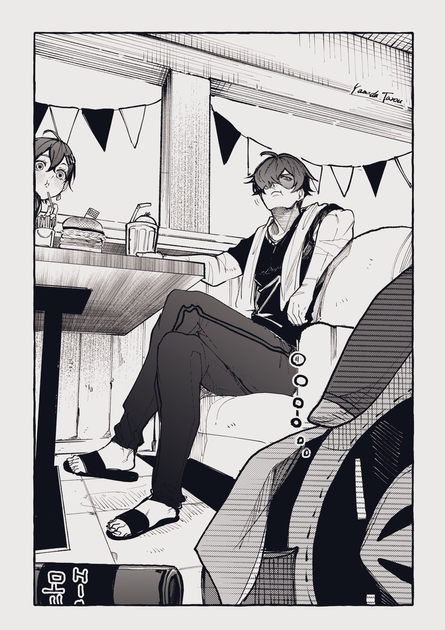 bangboo (zenless zone zero), belle (zenless zone zero), lighter (zenless zone zero), zenless zone zero, commentary, highres, symbol-only commentary, 03 kyv, 1boy, 1girl, 1other, black shirt, black slippers, blush, burger, closed mouth, couch, crossed legs, cup, drinking glass, drinking straw, drunk, earrings, eating, faceted glass, feet, food, french fries, greyscale, hair between eyes, hair ornament, hair over one eye, hand on table, holding, holding food, indoors, jewelry, letter hair ornament, looking at another, lying, monochrome, multiple scars, on couch, on side, red moccus (zenless zone zero), restaurant, scar, scar on arm, shirt, short hair, sitting, slippers, squeans, sunglasses, table, toes, towel, towel around neck