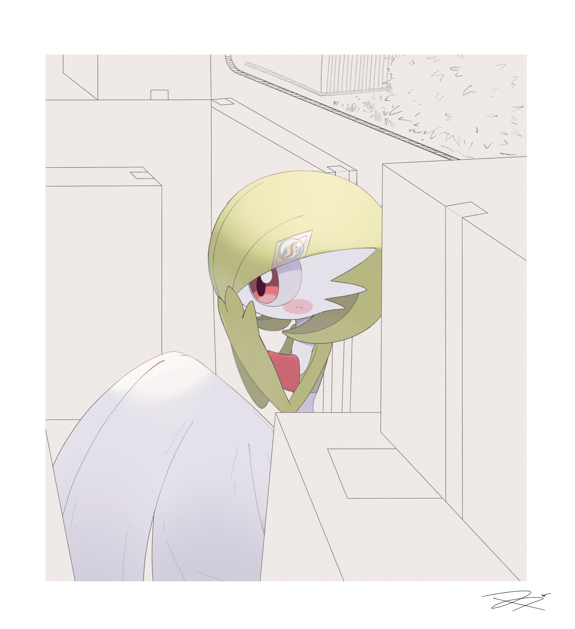 fu 6uk, gardevoir, nintendo, pokemon, pokemon (anime), poketoon, highres, bob cut, colored skin, dress, gen 3 pokemon, green hair, green skin, mega stone, multicolored skin, pink eyes, pokemon (creature), signature, sitting, two-tone skin, white dress, white skin