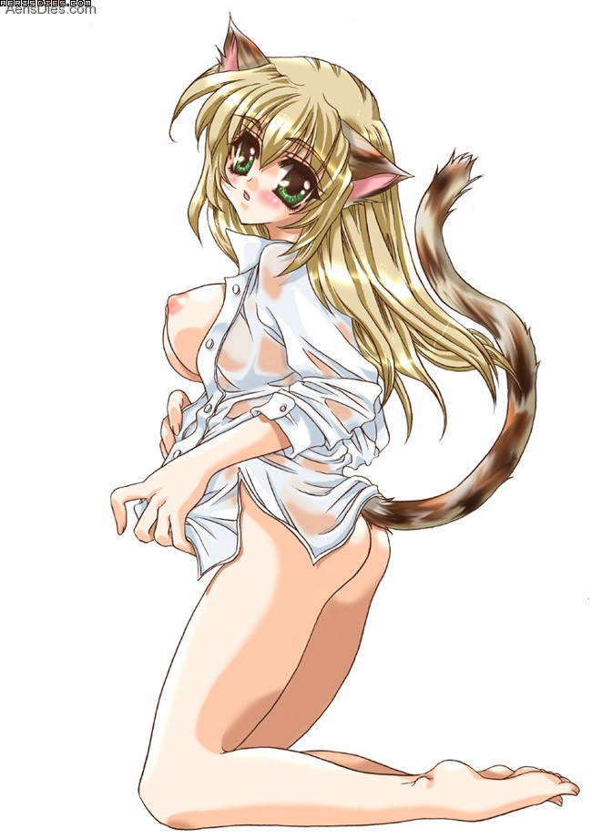 animal ears, blonde hair, breasts, cat ears, cat tail, green eyes, kneeling, long hair, looking at viewer, see-through clothes, sideboob, tail, thighhighs