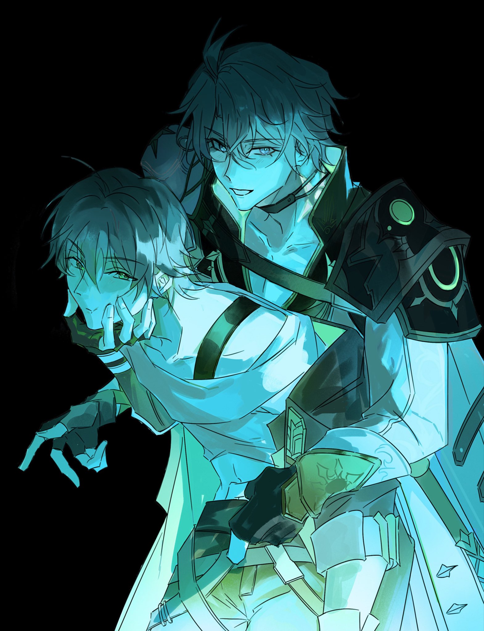 caelus (honkai: star rail), phainon (honkai: star rail), trailblazer (honkai: star rail), honkai: star rail, honkai (series), highres, 2boys, antenna hair, arm ribbon, armor, belt, black background, black choker, black coat, black gloves, black pants, blue cape, blue eyes, cape, choker, closed mouth, coat, collarbone, cowboy shot, crossed bangs, fingerless gloves, fingernails, gloves, grey belt, grey hair, hair between eyes, hand on another's face, hand up, hood, hooded coat, jacket, lapels, long sleeves, looking at viewer, male focus, multiple boys, neck tattoo, open clothes, open coat, pants, ribbon, shannontay67979, shirt, short hair, shoulder armor, simple background, smile, standing, sun symbol, sun tattoo, t-shirt, tan, tattoo, teeth, two-sided coat, two-sided fabric, white jacket, white shirt, yaoi, yellow coat, yellow eyes