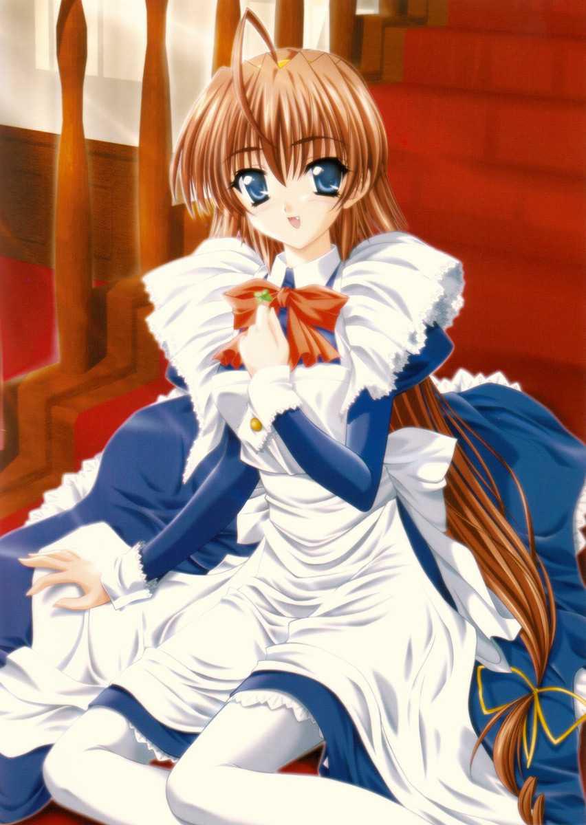 dengeki hime, highres, blue eyes, blush, brown hair, fang, long hair, maid, ribbon, thighhighs