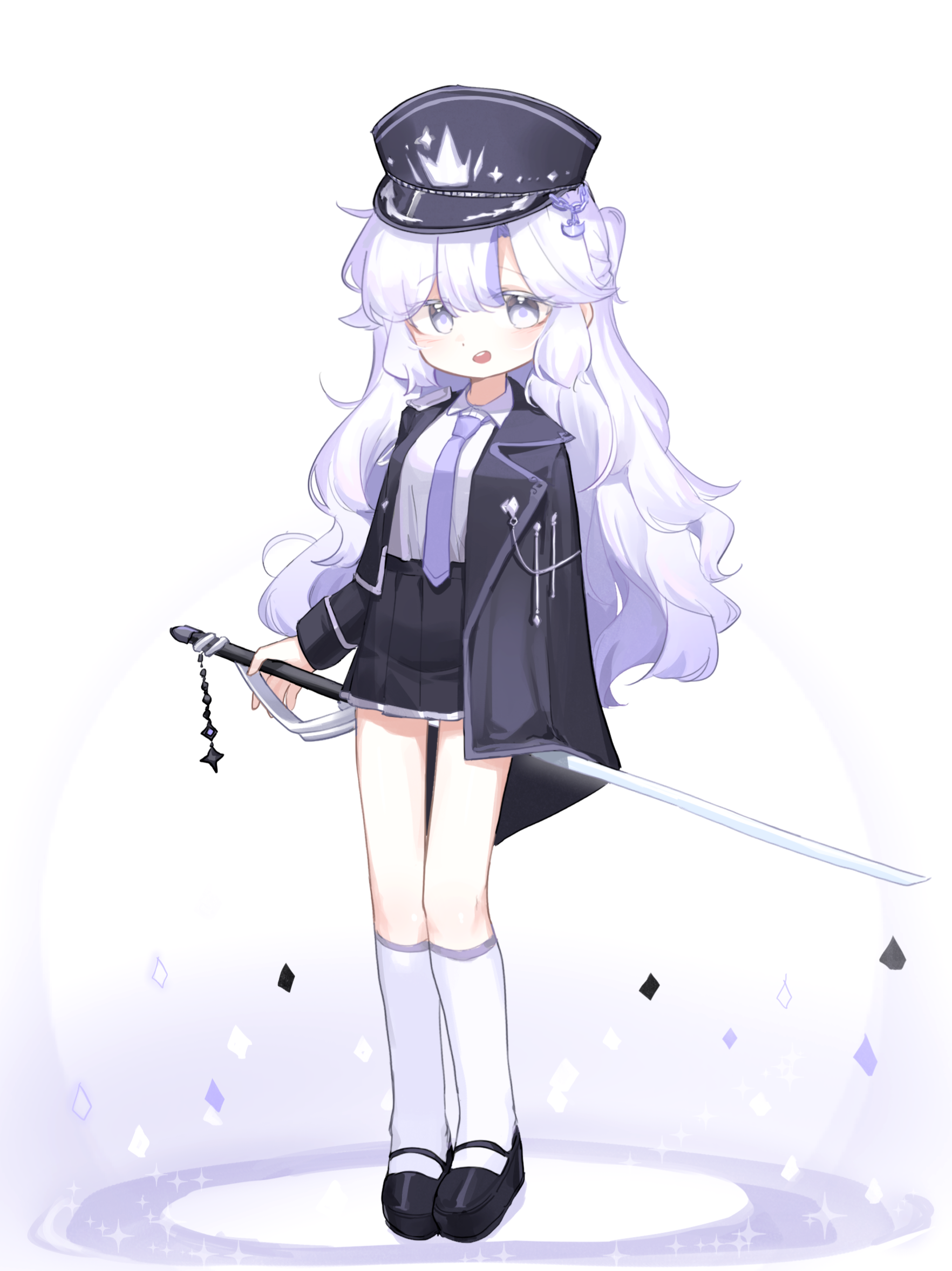 polyvora, original, commentary request, highres, korean commentary, 1girl, black jacket, black shoes, black skirt, collared shirt, full body, grey eyes, grey hair, hat, high-waist skirt, holding, holding sword, holding weapon, jacket, light blush, long hair, looking at viewer, mary janes, necktie, open mouth, peaked cap, pleated skirt, purple necktie, shirt, shoes, skirt, smile, socks, solo, standing, sword, thigh gap, very long hair, wavy hair, weapon, white background, white shirt, white socks