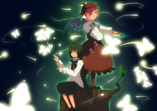 fuurin (omaemona), mystia lorelei, wriggle nightbug, touhou, bad id, bad pixiv id, 2girls, antennae, bug, butterfly, female focus, multiple girls, music, singing, tree stump, wings