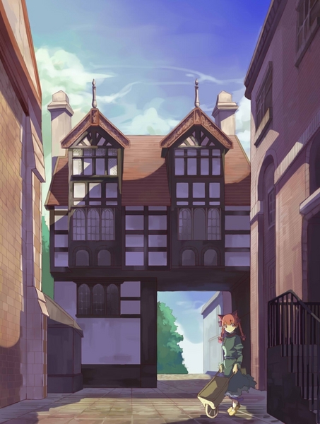 hasebe yuusaku, kaenbyou rin, touhou, resized, alley, animal ears, cart, cat ears, dress, pixiv thumbnail, red hair, scenery, wheelbarrow