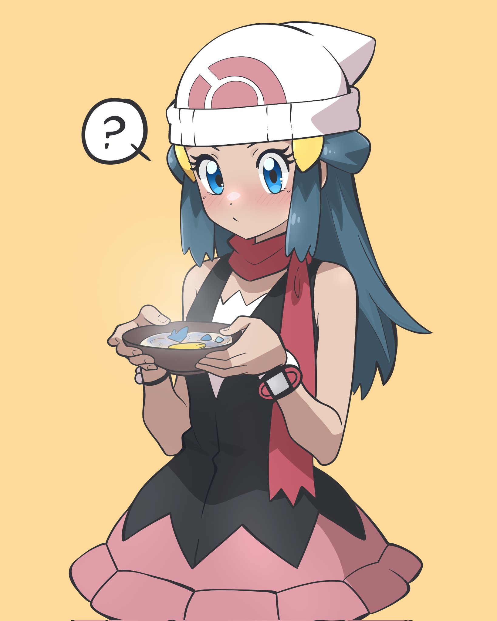 muis0802, dawn (pokemon), piplup, nintendo, pokemon, pokemon dppt, highres, 1girl, ?, beanie, black shirt, blue eyes, bowl, bracelet, closed mouth, creature as food, eyelashes, food, gen 4 pokemon, hair ornament, hairclip, hat, holding, holding bowl, jewelry, long hair, looking down, poketch, red scarf, scarf, shirt, sidelocks, simple background, skirt, sleeveless, sleeveless shirt, solo, soup, spoken question mark, watch, white hat, wristwatch, yellow background
