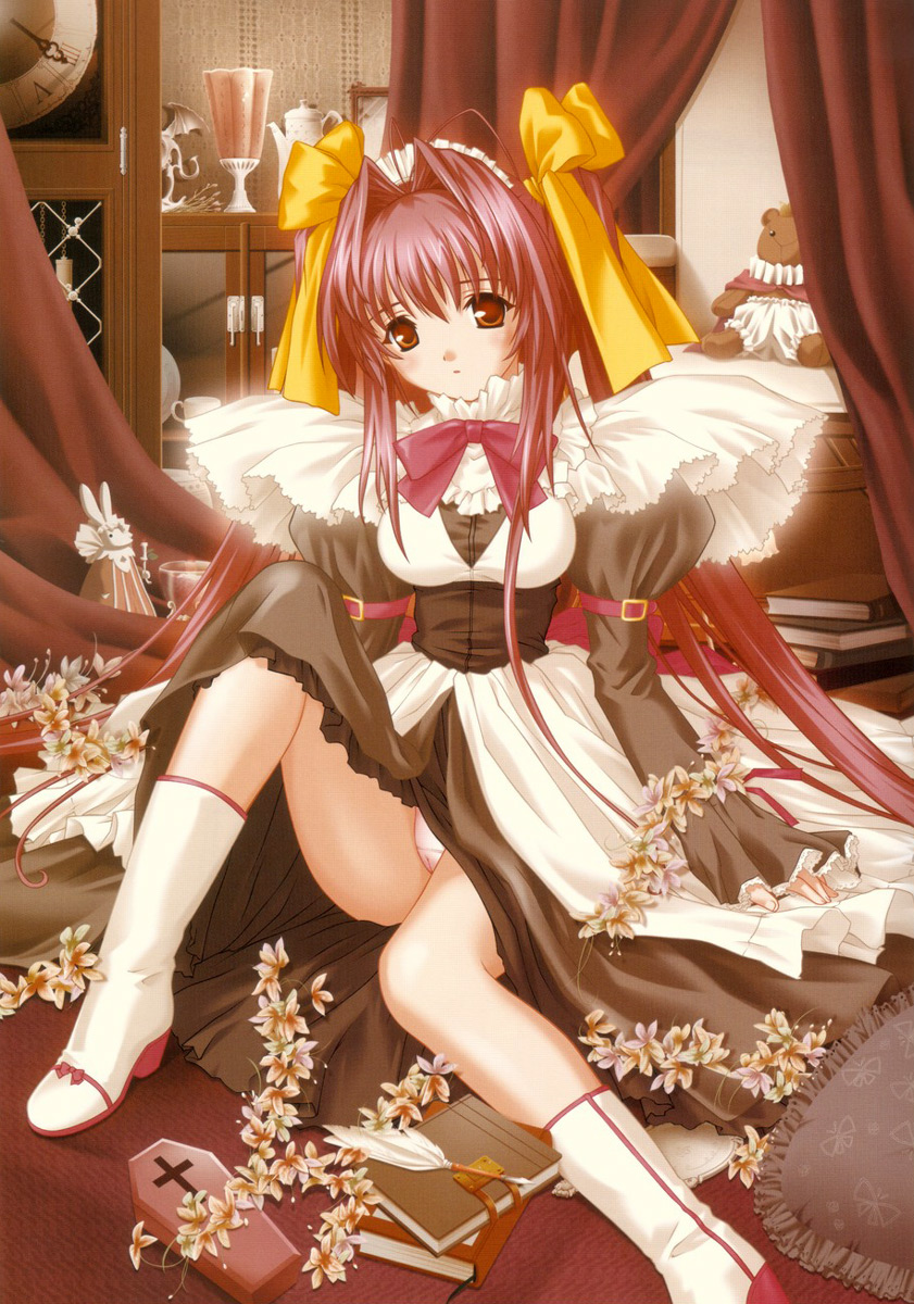 manai misato, chocolat maid cafe curio, dengeki hime, highres, 1girl, blush, brown eyes, cameltoe, coffin, female focus, long hair, maid, maid headdress, panties, pantyshot, ribbon, solo, stuffed animal, stuffed toy, teddy bear, underwear, upskirt