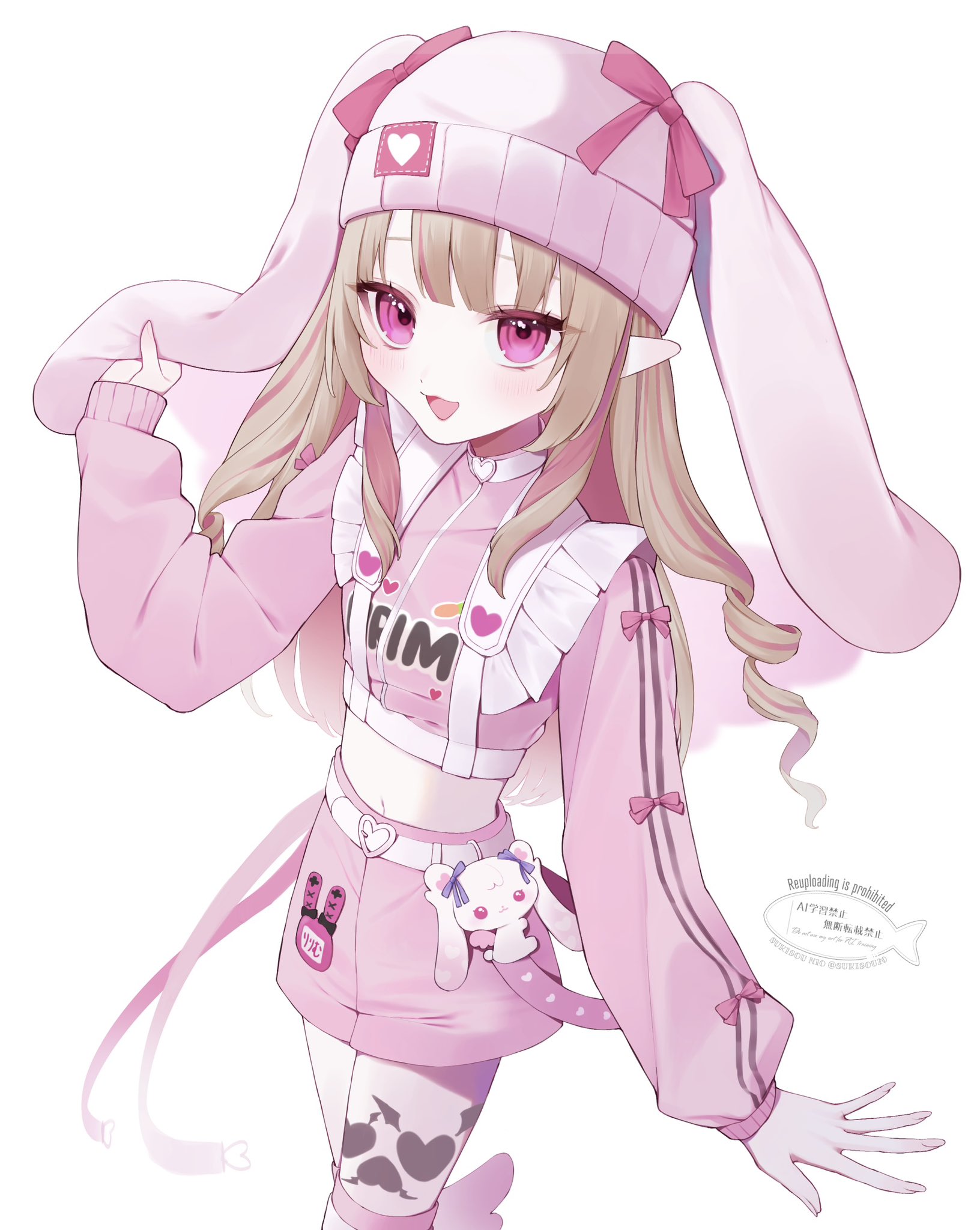 makaino ririmu, nijisanji, highres, 1girl, animal ears, beanie, belt, blunt bangs, blush, bow, buckle, character name, chest harness, clothes writing, colored inner hair, cowboy shot, cropped jacket, drill hair, fake animal ears, floppy ears, frills, grey hair, hair down, hand on headwear, harness, hat, hat bow, heart, heart-shaped buckle, jacket, leg tattoo, long hair, loose belt, midriff, multicolored hair, name tag, navel, official alternate costume, official alternate hairstyle, open mouth, pink belt, pink bow, pink hair, pink jacket, pink shorts, pink streaks, pointy ears, rabbit ears, red eyes, short shorts, shorts, sidelocks, simple background, sleeves past wrists, solo, standing, streaked hair, stuffed animal, stuffed toy, sukisou20, tattoo, track jacket, two-tone hair, virtual youtuber, watermark, white background, white belt, winged heart, winged heart tattoo
