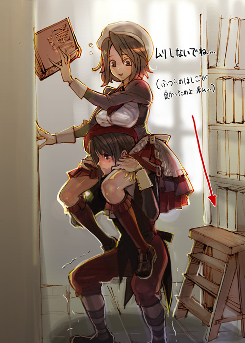 agasang, kanon (umineko), shannon (umineko), umineko no naku koro ni, translated, 00s, 1boy, 1girl, beret, black hair, blush, book, breast rest, breasts, breasts on head, brown hair, carrying, dress, hat, ladder, large breasts, library, maid, shoulder carry, skirt, smile