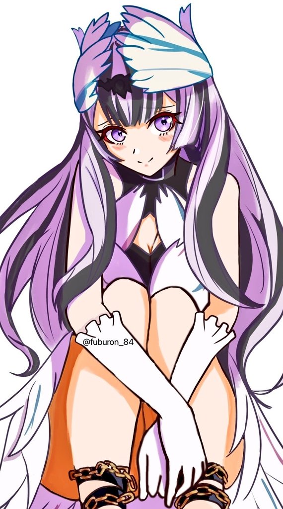 fuburon 84, veyle (fire emblem), fire emblem, fire emblem engage, nintendo, 1girl, bare legs, black choker, black hair, breasts, chained legs, choker, cleavage, feather dress, grey hair, hair ornament, long hair, looking at viewer, multicolored hair, purple eyes, small breasts, smile, solo, split-color hair, two-tone hair, very long hair, wavy hair, wing hair ornament