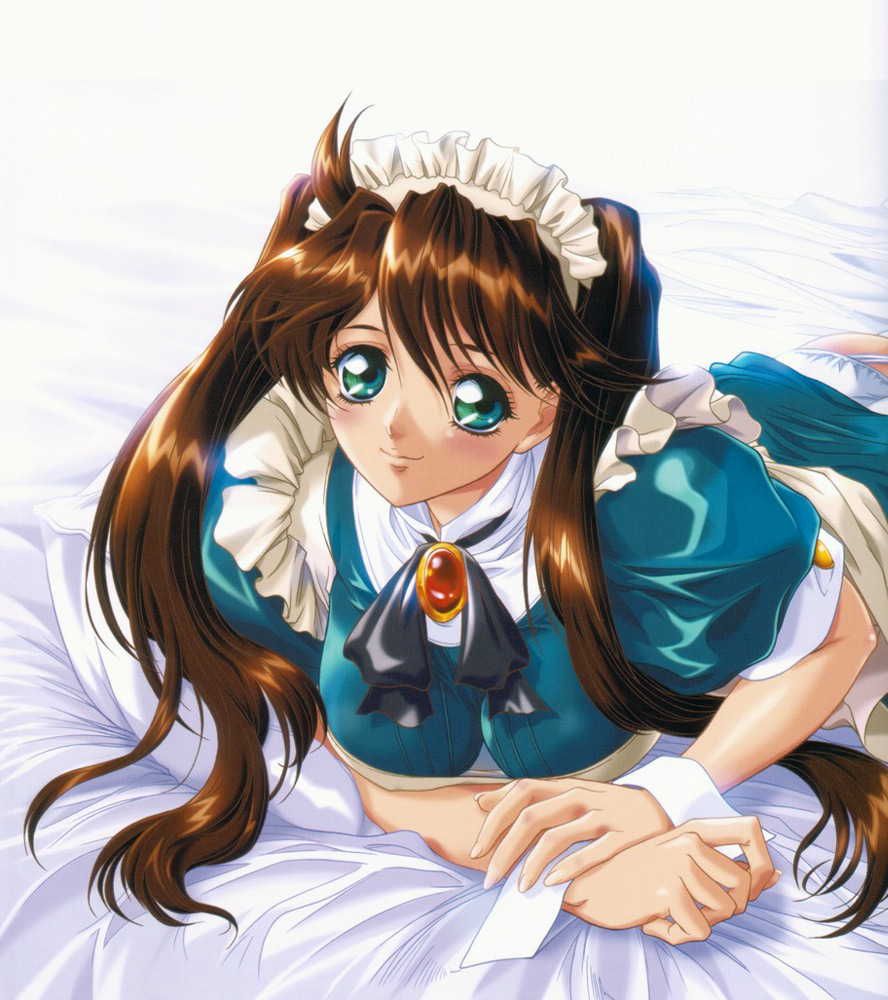 yokota mamoru, oohara mirei, dengeki hime, 1girl, blush, breasts, brown hair, female focus, green eyes, large breasts, long hair, lying, maid, maid headdress, on stomach, pillow, ribbon, smile, solo, twintails