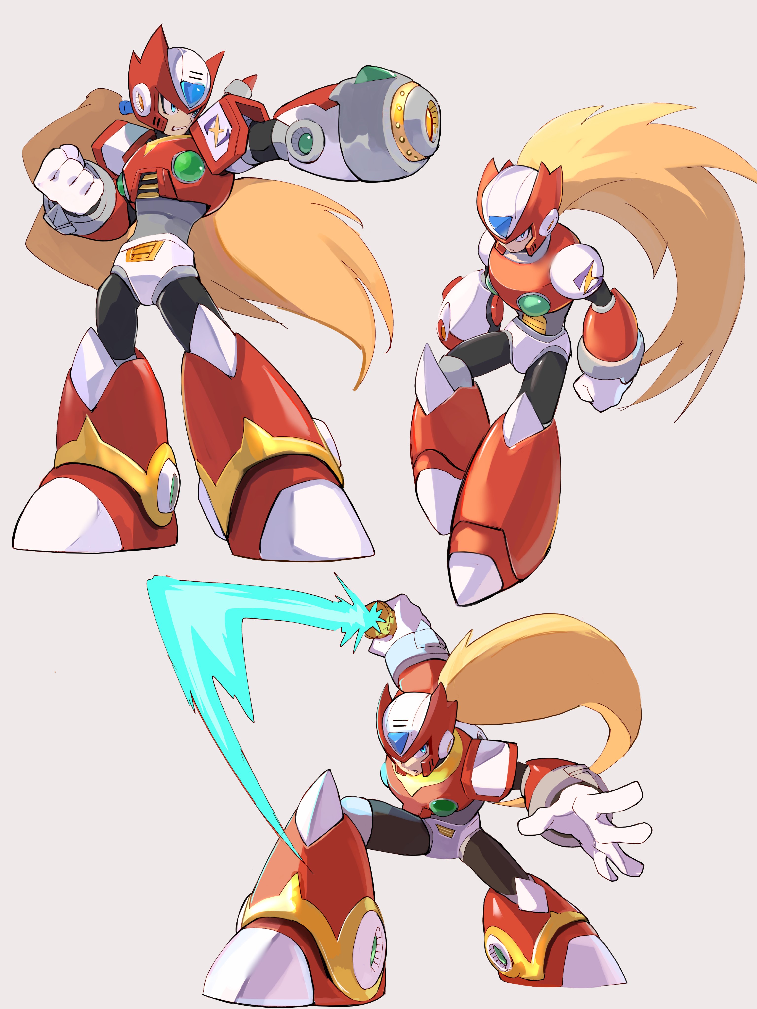 omochi (mochi skymega), mega man (series), mega man x (series), absurdres, highres, 1boy, arm cannon, armor, blonde hair, energy sword, forehead jewel, full body, helmet, holding, holding sword, holding weapon, long hair, multiple views, red armor, red helmet, simple background, sword, weapon, white background, z saber