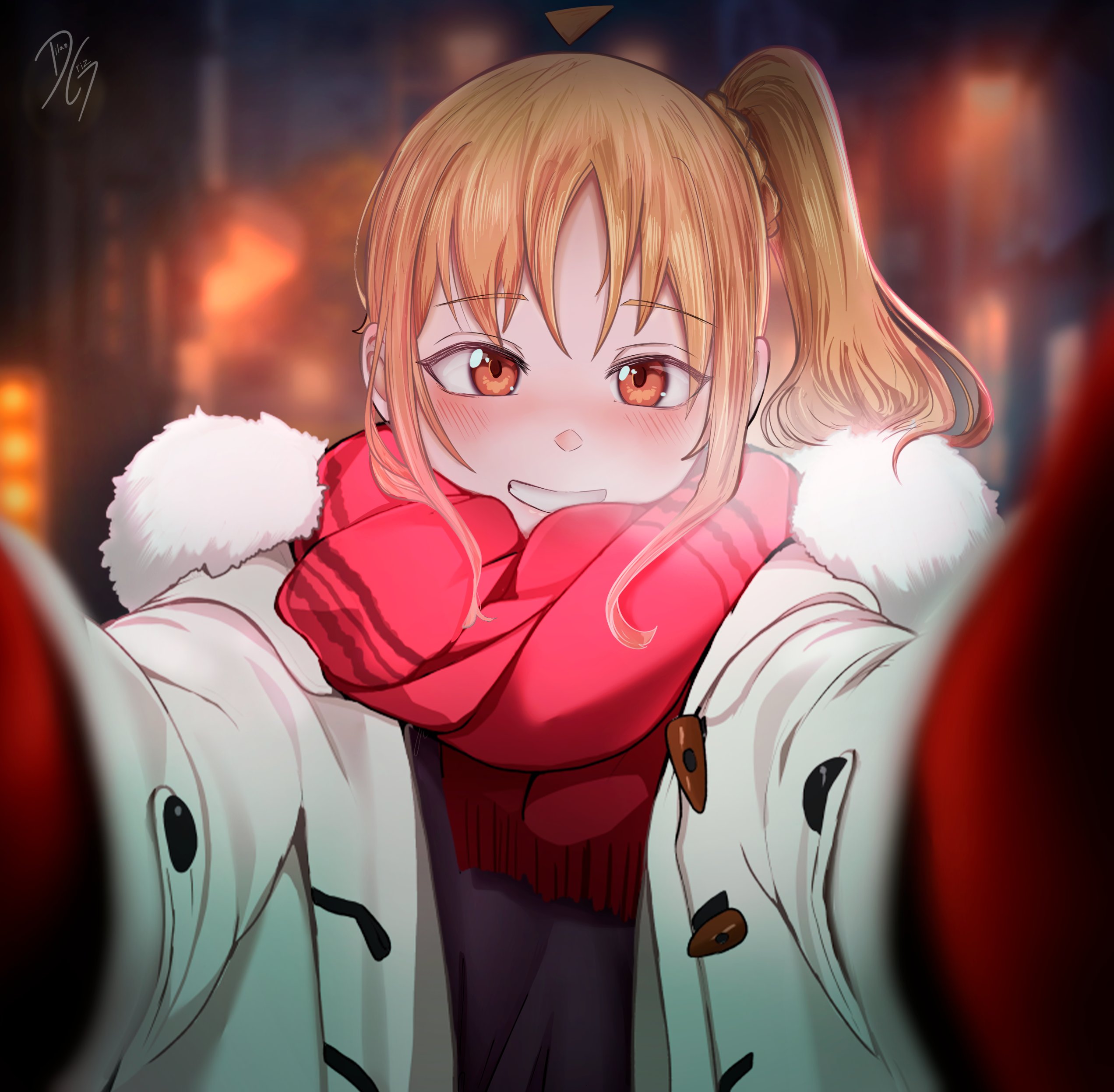 dilan griz, ijichi nijika, bocchi the rock!, absurdres, commentary, english commentary, highres, 1girl, ahoge, blonde hair, blurry, blurry background, blush, breath, brown eyes, choppy bangs, coat, detached ahoge, fur-trimmed coat, fur trim, looking at viewer, medium hair, meme, open clothes, open coat, pov, pov cheek warming (meme), reaching, reaching towards viewer, red scarf, scarf, side ponytail, smile, solo, upper body, white coat, winter clothes