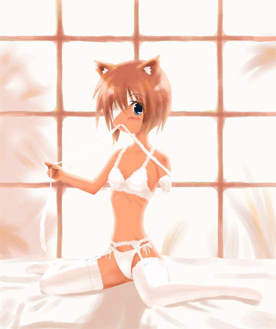 amputee, animal ears, blush, brown hair, cat ears, kneeling, short hair, thighhighs