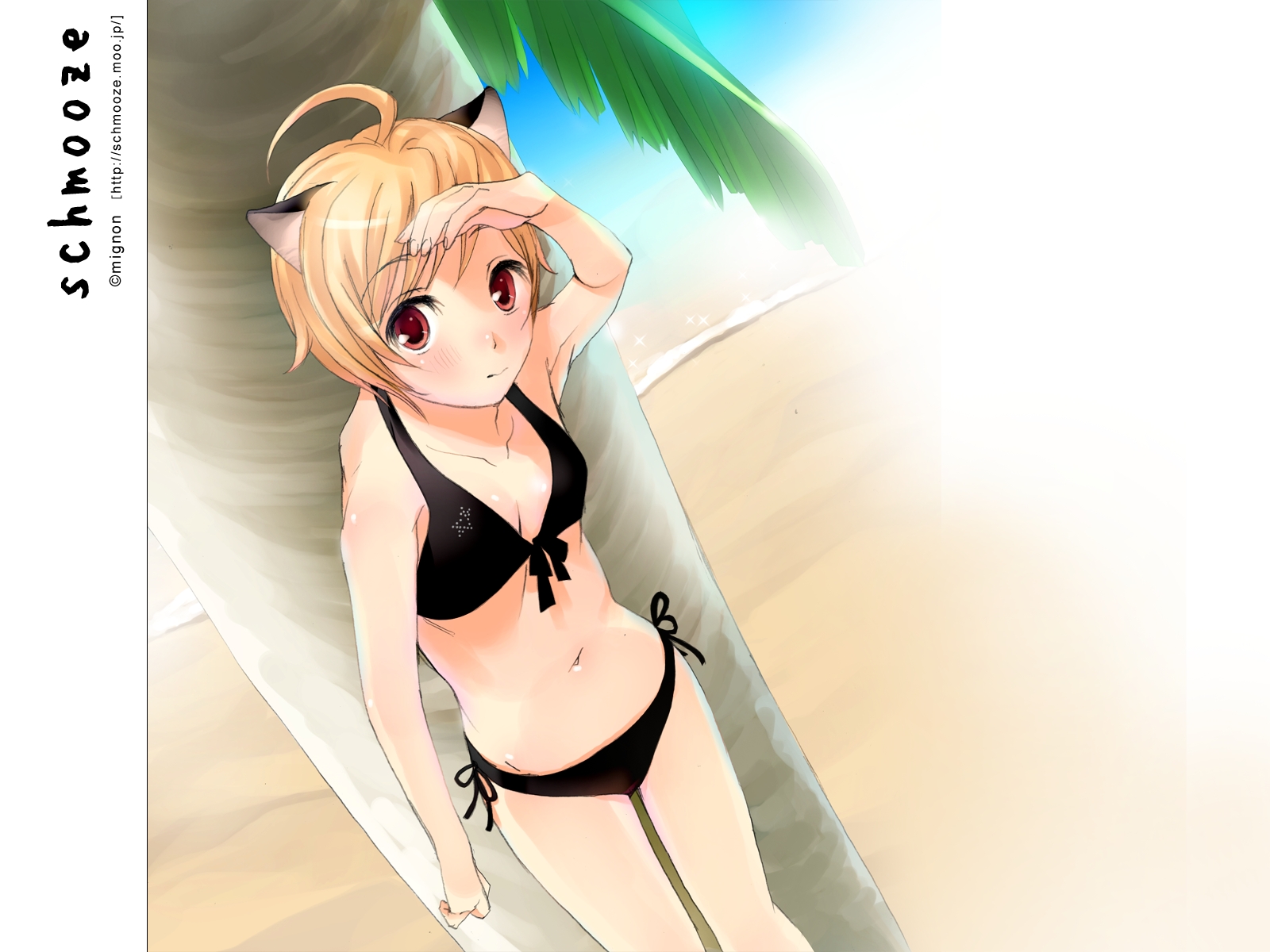 schmooze, highres, animal ears, beach, bikini, blonde hair, bra, breasts, cat ears, cat tail, cleavage, lingerie, navel, palm tree, red eyes, short hair, swimsuit, tail, tree, underwear