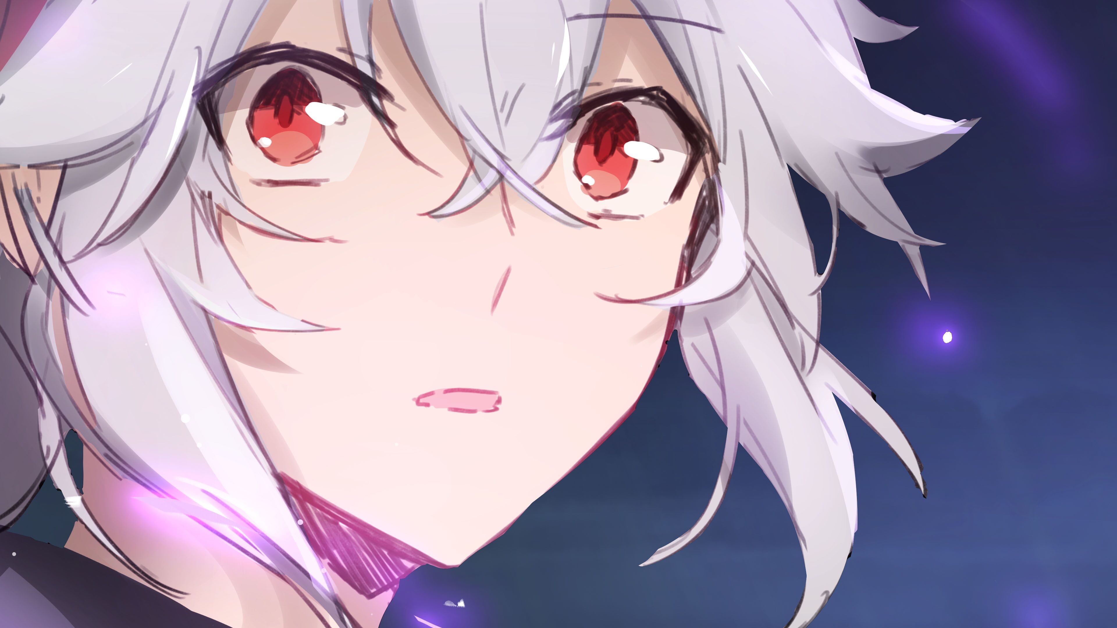 606 haochuangshangren, kaedehara kazuha, genshin impact, absurdres, chinese commentary, highres, 1boy, blurry, blurry background, close-up, curly hair, electricity, hair between eyes, head tilt, looking at viewer, looking to the side, multicolored hair, outdoors, red eyes, shade, smile, solo, streaked hair, surprised, teeth, upper body, white hair, wide-eyed