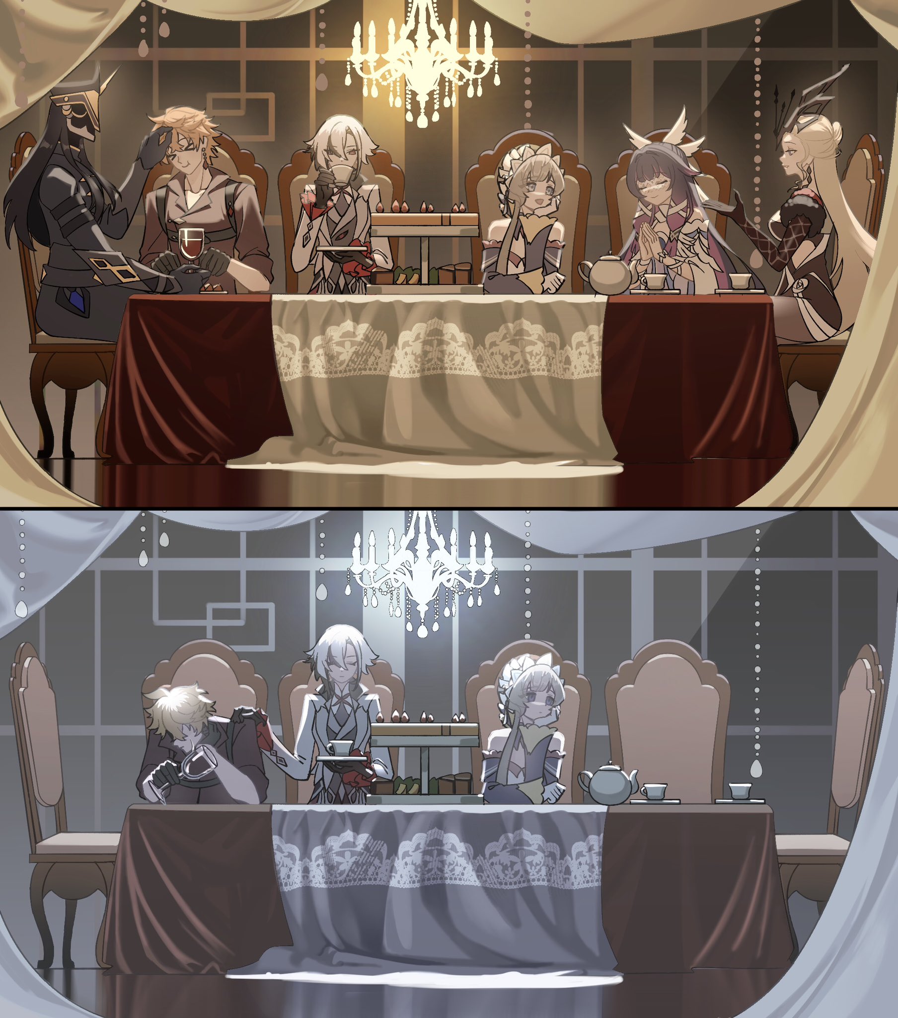 big itachi, arlecchino (genshin impact), capitano (genshin impact), columbina (genshin impact), sandrone (genshin impact), signora (genshin impact), tartaglia (genshin impact), genshin impact, highres, 2boys, 4girls, alcohol, black hair, blonde hair, brown hair, chair, chandelier, closed eyes, colored inner hair, cup, dessert, dining room, food, holding, holding cup, long hair, mask, multicolored hair, multiple boys, multiple girls, on chair, orange hair, purple hair, short hair, table, tea, teacup, veil, white hair, wine