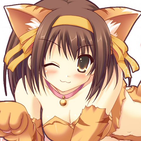 suzumiya haruhi, suzumiya haruhi no yuuutsu, lowres, 00s, animal ears, breasts, brown eyes, brown hair, cat ears, cleavage, collar, hair ribbon, ribbon, short hair, wink