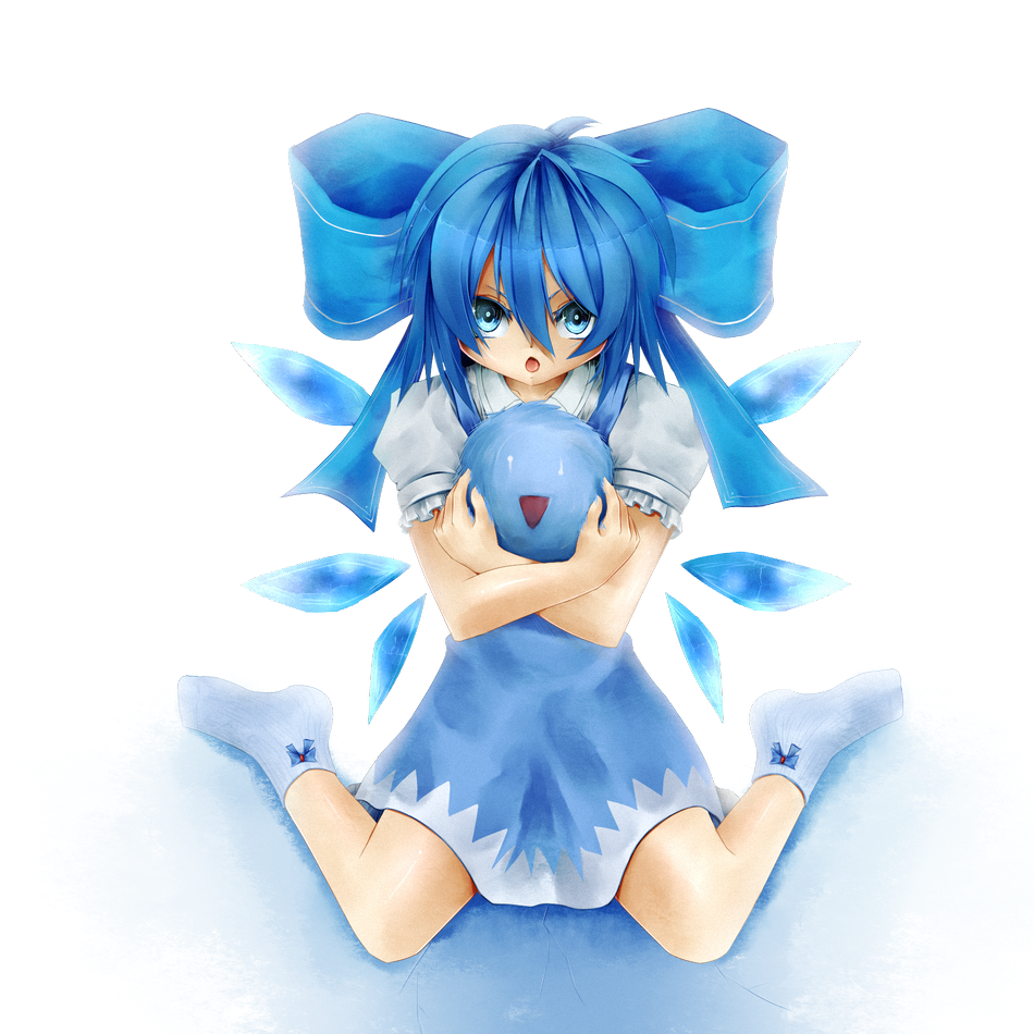 korichiru, cirno, kedama (touhou), touhou, bad id, bad pixiv id, 1girl, blue eyes, blue hair, bow, dress, female focus, full body, gradient background, hair bow, matching hair/eyes, short hair, socks, solo, white background, wings
