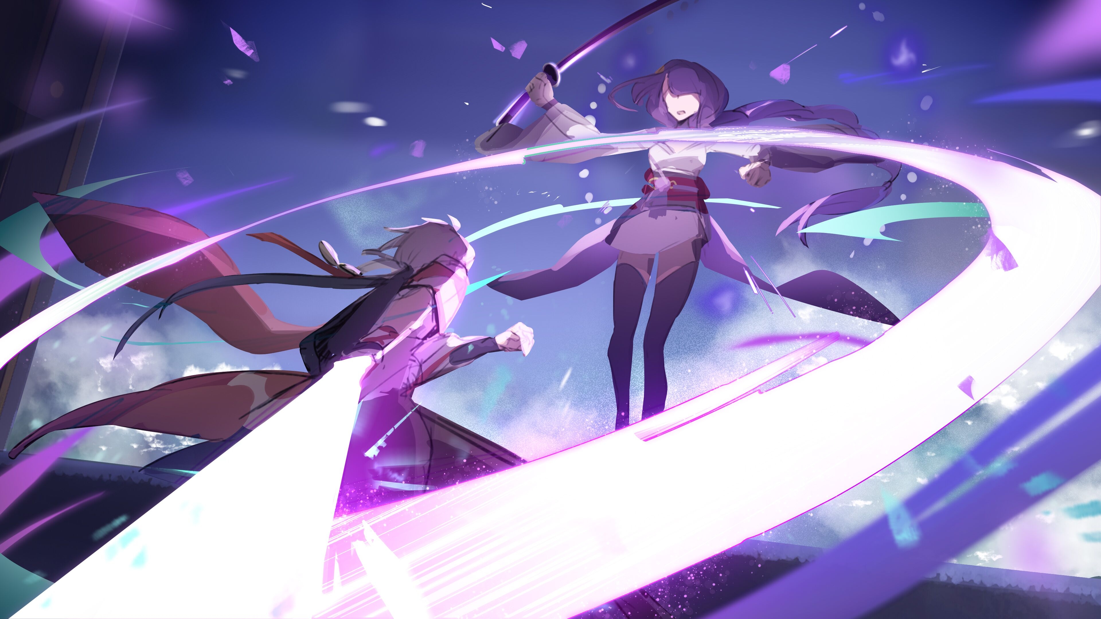 606 haochuangshangren, kaedehara kazuha, raiden shogun, genshin impact, absurdres, chinese commentary, highres, 1boy, 1girl, arms up, attack, battle, blocking, blurry, braid, clash, depth of field, duel, electricity, explosion, faceless, faceless female, fighting, fighting stance, floating, floating hair, from above, from behind, glowing, glowing sword, glowing weapon, hair floating upwards, hair ornament, holding, holding sword, holding weapon, japanese clothes, kimono, leaning forward, long braid, long hair, low ponytail, motion blur, musou isshin (genshin impact), outdoors, ponytail, powering up, protecting, purple background, purple hair, purple kimono, short hair, single braid, slashing, sparks, standing, sword, weapon, white hair, wind