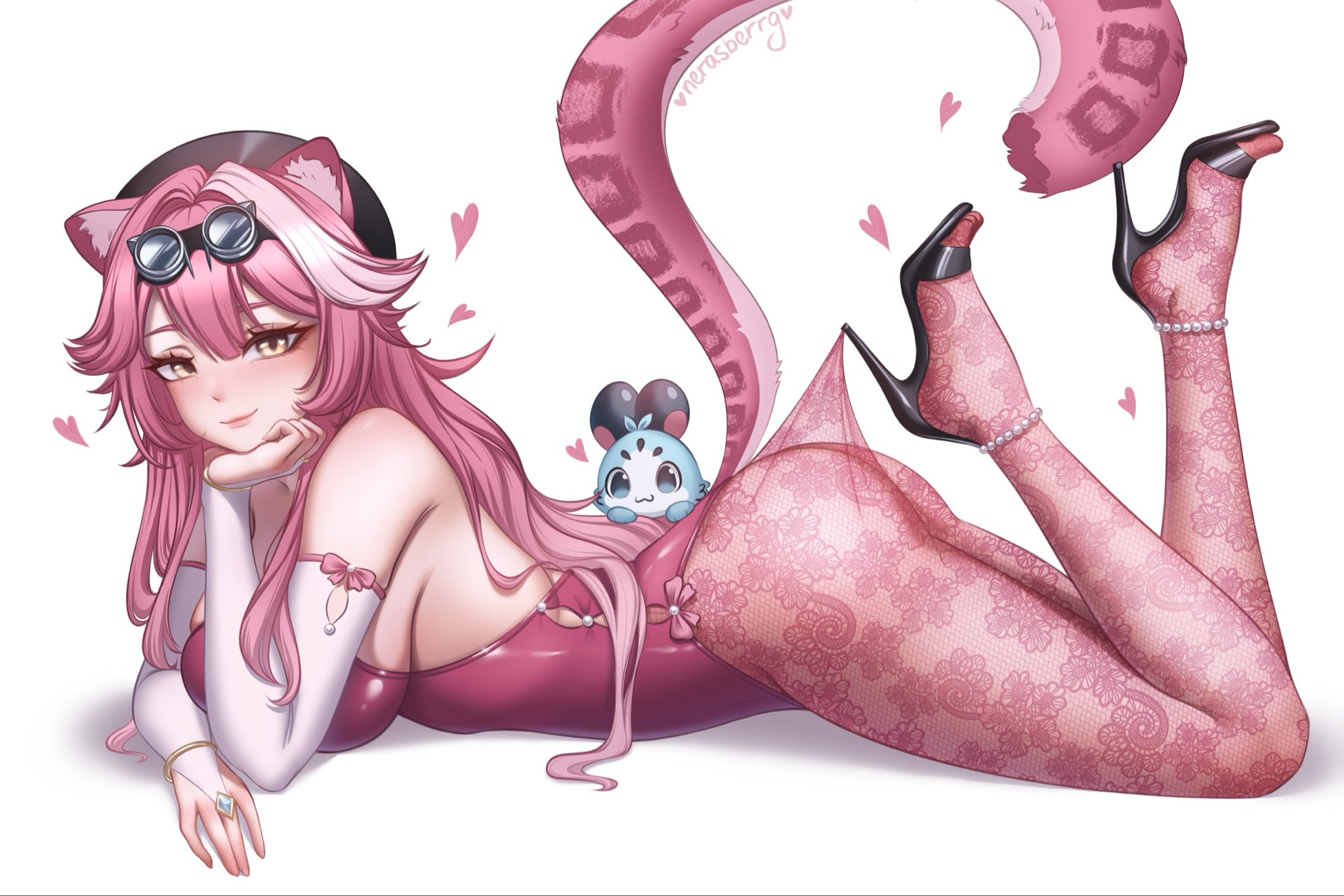 nerasberrg, chattino (raora panthera), raora panthera, hololive, hololive english, commentary, english commentary, highres, 1girl, animal ears, anklet, arm bow, artist name, ass, bare shoulders, beret, black hat, black shoes, blush, bow, breasts, bridal gauntlets, closed mouth, clothes pull, eyeshadow, fingernails, floral print pantyhose, goggles, goggles on head, hair intakes, hand on own chin, hat, heart, jewelry, lace pantyhose hooked on heel (meme), large breasts, leotard, long hair, looking at viewer, lying, makeup, meme, multicolored hair, nail polish, on stomach, panther ears, panther girl, panther tail, pantyhose, pantyhose pull, pearl anklet, pink bow, pink eyeshadow, pink hair, pink leotard, pink lips, pink nails, pink pantyhose, pink tail, shoes, simple background, smile, streaked hair, tail, thighs, virtual youtuber, white background, white bridal gauntlets, white sleeves, yellow eyes