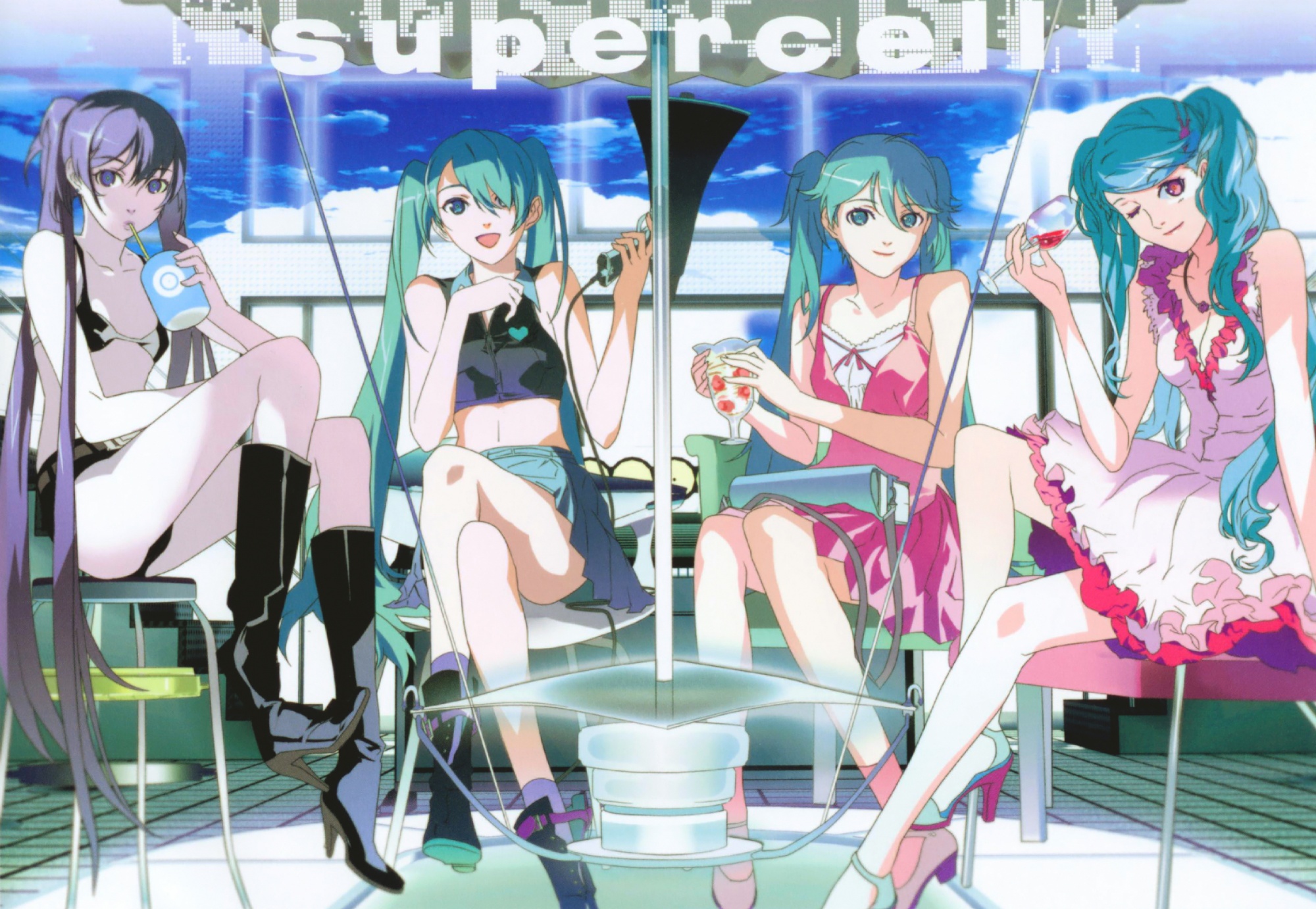 119, 1ten, black rock shooter (character), hatsune miku, black rock shooter, koi wa sensou (vocaloid), melt (vocaloid), vocaloid, world is mine (vocaloid), black legwear, highres, scan, 10s, 4girls, aqua eyes, aqua hair, beach, belt, bikini, bikini top only, black hair, blue eyes, blue hair, boots, creator connection, crossed legs, dress, drink, frills, green eyes, green hair, hair ornament, hair over one eye, heart, high heels, jewelry, long hair, megaphone, midriff, miniskirt, multiple girls, necklace, necktie, one eye closed, open mouth, outdoors, pleated skirt, ponytail, shoes, short shorts, shorts, sitting, skirt, smile, songover, swimsuit, tattoo, thighhighs, twintails, umbrella, very long hair, wink