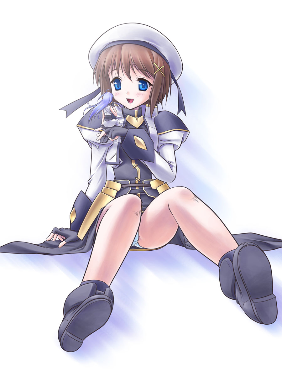 kaibara yuu, reinforce zwei, yagami hayate, lyrical nanoha, mahou shoujo lyrical nanoha, mahou shoujo lyrical nanoha a's, highres, 00s, 1girl, blue eyes, blush, brown hair, female focus, hair ornament, hat, mini person, minigirl, panties, pantyshot, short hair, sitting, solo, underwear, wings, x hair ornament