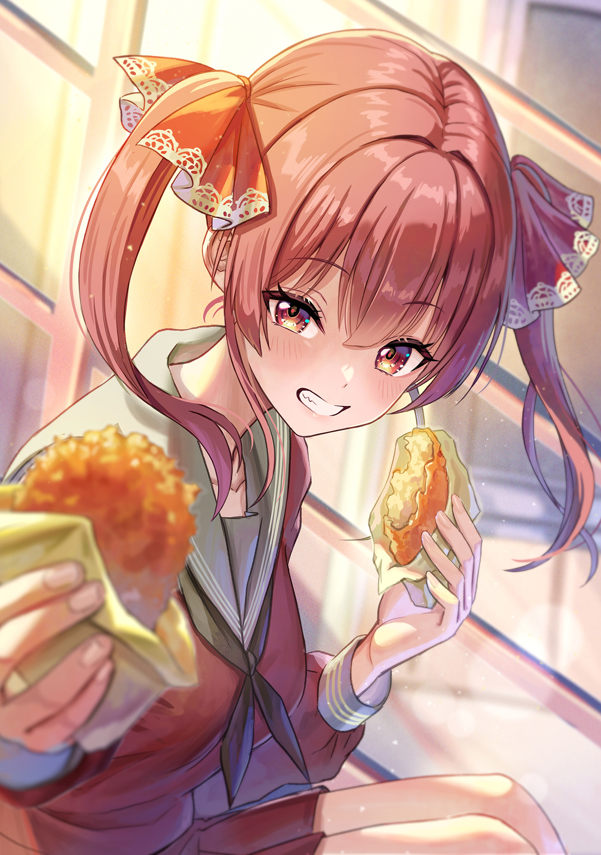 madopen, houshou marine, hololive, highres, 1girl, alternate costume, black neckerchief, blush, closed mouth, food, hair ribbon, heterochromia, holding, holding food, looking at viewer, neckerchief, red eyes, red ribbon, red shirt, red skirt, ribbon, sailor collar, shirt, skirt, smile, solo, twintails, virtual youtuber, white sailor collar, yellow eyes