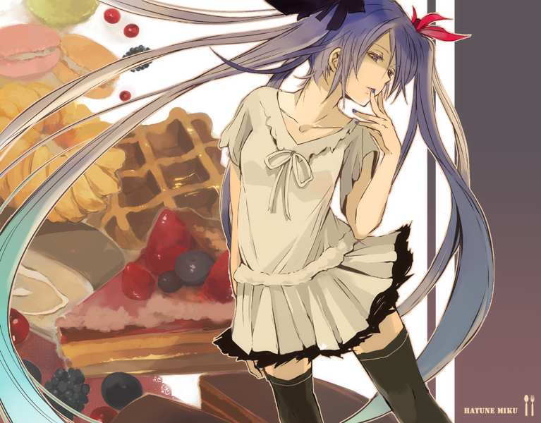 loo, hatsune miku, vocaloid, world is mine (vocaloid), bad id, bad pixiv id, 1girl, aqua hair, blue eyes, blue hair, cake, dress, female focus, food, fruit, gradient hair, hair ribbon, long hair, matching hair/eyes, multicolored hair, pastry, ribbon, skirt, solo, thighhighs, twintails, very long hair, white dress, white skirt