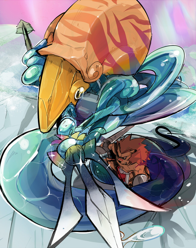 mononoke (artist), mononoke (empty), leo (warzard), nool, capcom, warzard, bad id, bad pixiv id, battle, brown hair, no humans, polearm, shield, sword, trident, weapon
