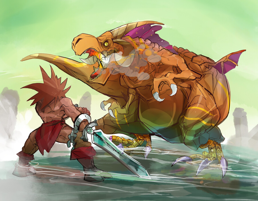 mononoke (artist), mononoke (empty), hauzer, leo (warzard), capcom, warzard, bad id, bad pixiv id, brown hair, horns, no humans, sword, weapon, wings