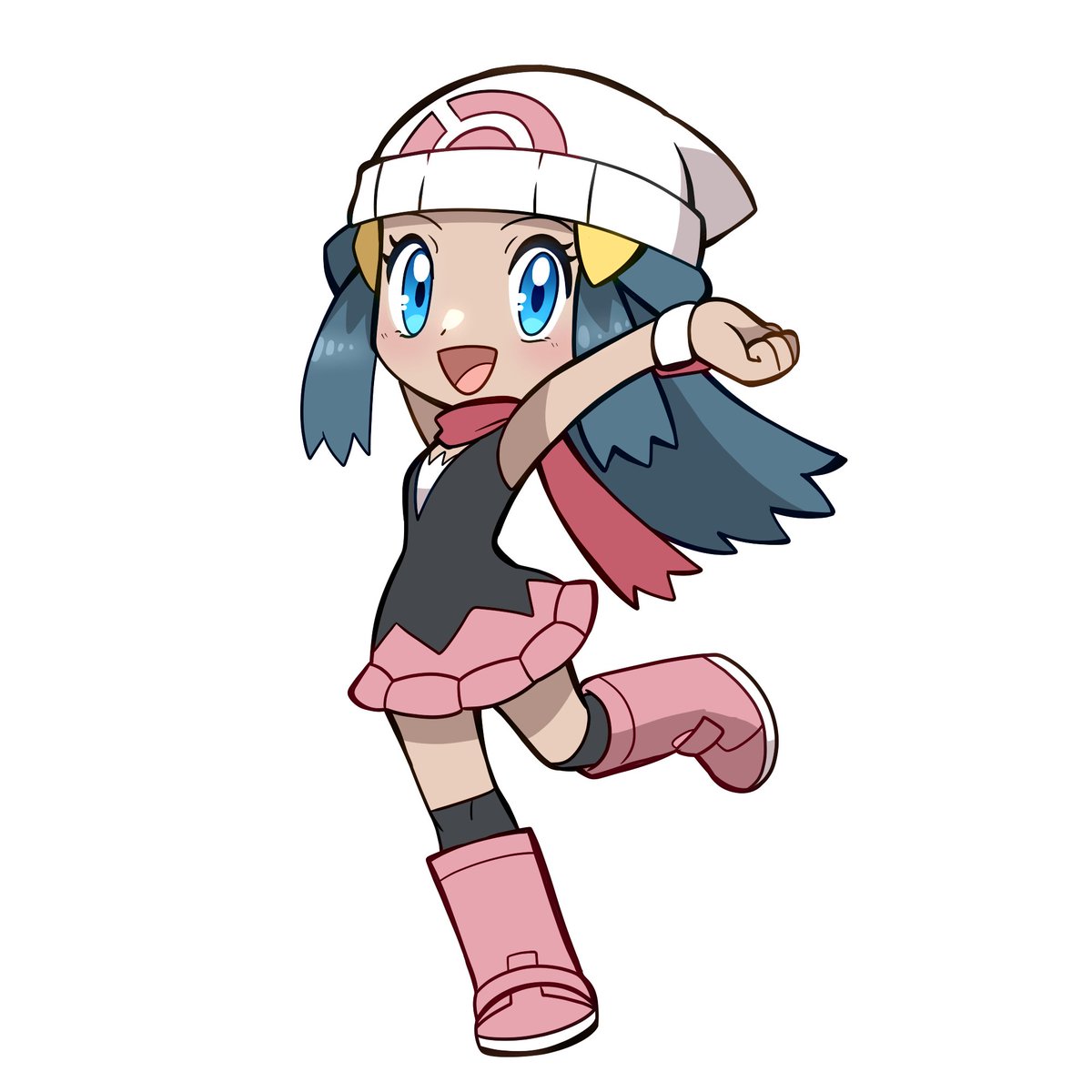 muis0802, dawn (pokemon), nintendo, pokemon, pokemon dppt, commentary, english commentary, highres, 1girl, :d, beanie, black shirt, blue eyes, boots, chibi, chibi only, eyelashes, full body, hair ornament, hairclip, happy, hat, leg up, long hair, open mouth, over-kneehighs, pink boots, pink skirt, scarf, shirt, sidelocks, simple background, skirt, sleeveless, sleeveless shirt, smile, solo, thighhighs, tongue, white background, white hat