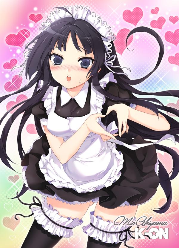 akiyama mio, k-on!, jpeg artifacts, 00s, 1girl, black eyes, black hair, female focus, heart, heart hands, maid, moe moe kyun!, solo, thighhighs