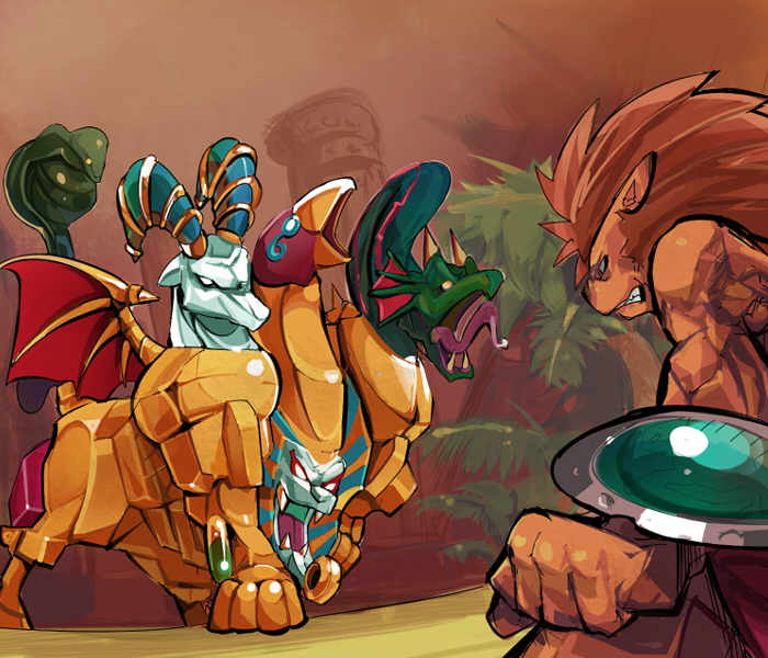 mononoke (artist), mononoke (empty), leo (warzard), secmeto, capcom, warzard, bad id, bad pixiv id, battle, clenched teeth, full body, monster, muscular, no humans, sharp teeth, spiked hair, standing, teeth