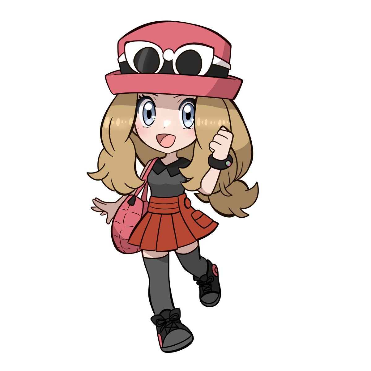 muis0802, serena (pokemon), nintendo, pokemon, pokemon xy, commentary, english commentary, highres, 1girl, :d, black shoes, bracelet, chibi, chibi only, clenched hand, collared shirt, eyelashes, eyewear on headwear, full body, grey eyes, hand up, happy, hat, jewelry, open mouth, pink bag, pink hat, pleated skirt, red skirt, shirt, shoes, simple background, skirt, sleeveless, sleeveless shirt, smile, solo, sunglasses, thighhighs, tongue, white background
