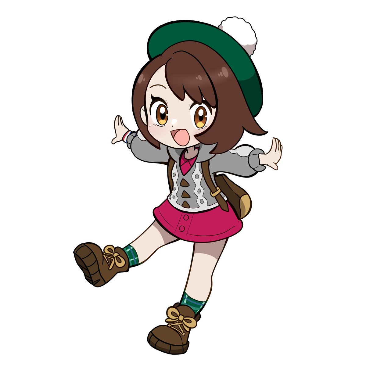 muis0802, gloria (pokemon), nintendo, pokemon, pokemon swsh, commentary, english commentary, highres, 1girl, :d, backpack, bag, boots, brown bag, brown boots, brown eyes, brown hair, cardigan, chibi, chibi only, collared dress, dress, dynamax band, full body, green hat, green socks, grey cardigan, happy, hat, hood, hood down, hooded cardigan, looking at viewer, open mouth, outstretched arms, pink dress, simple background, smile, socks, solo, tam o' shanter, tongue, white background