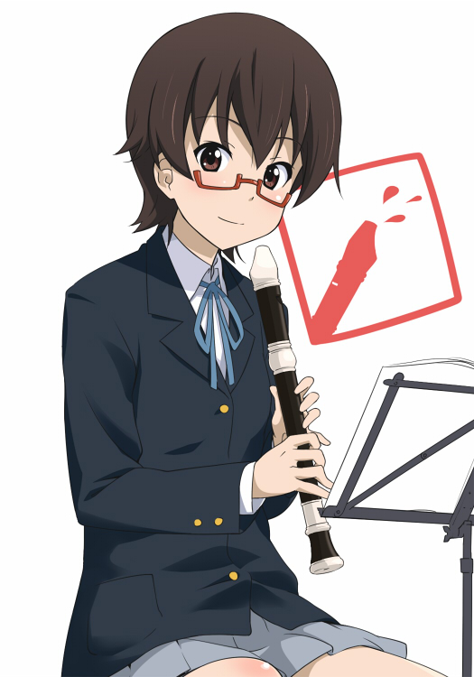youkan, manabe nodoka, k-on!, 00s, 1girl, brown hair, female focus, flute, glasses, holding, holding flute, holding instrument, instrument, recorder, red-framed eyewear, school uniform, semi-rimless eyewear, sexually suggestive, short hair, skirt, solo, under-rim eyewear