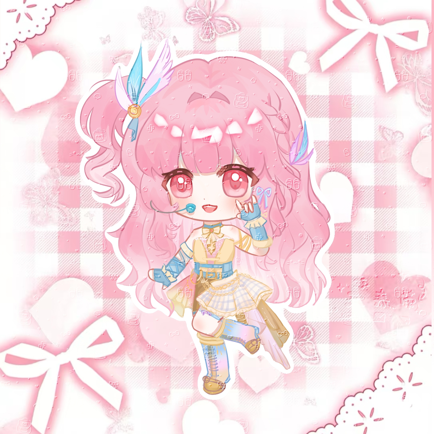 infinity nikki, nikki (series), chinese commentary, commentary request, commission, highres, 1girl, m/, arm ribbon, armband, bare shoulders, blue choker, blue corset, blue gloves, blue shorts, blunt bangs, boots, border, bow, bowtie, braid, chibi, choker, corset, dot nose, dress, eyelashes, feather hair ornament, feathers, fingerless gloves, frilled gloves, frills, gloves, gradient boots, hair intakes, hair ornament, headset, heart, heart background, high heel boots, high heels, idol, knee boots, lace, lace-up boots, lace border, leg up, light blush, long hair, multicolored boots, official alternate color, open mouth, ornate border, outline, pink background, pink eyes, pink hair, plaid background, plaid clothes, plaid dress, ribbon, round border, sample watermark, short dress, shorts, shorts under dress, side braid, single braid, smile, solo, standing, starry nocturne (infinity nikki), strapless, strapless dress, tailcoat, teeth, tiantairong, too many watermarks, upper teeth only, very long hair, watermark, wavy hair, white border, white outline, yellow armband, yellow bow, yellow bowtie, yellow dress, yellow ribbon