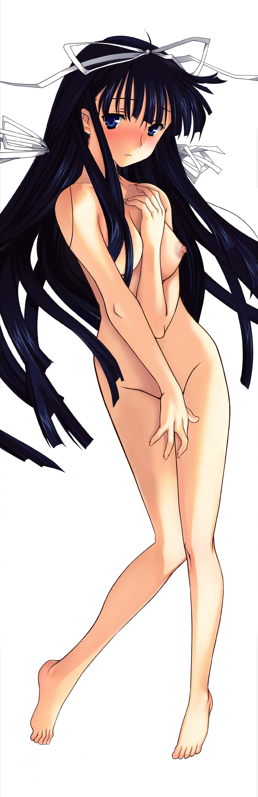 uesugi kenshin (rance), rance (series), sengoku rance, absurdres, highres, long image, nude filter, tall image, third-party edit, 1girl, barefoot, black hair, blue eyes, blush, covering privates, feet, female focus, long hair, nude, nude cover, ribbon, solo, white background