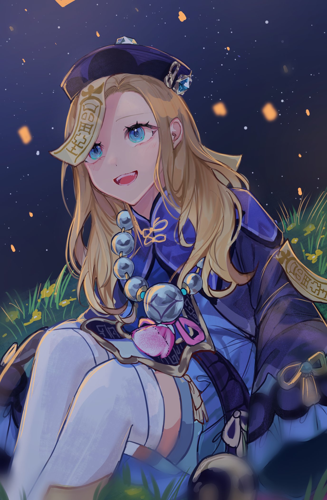 kanako (fuwachu), qiqi (genshin impact), genshin impact, real life, commentary, english commentary, highres, 1girl, animification, bead necklace, beads, blonde hair, blue eyes, blue gemstone, blush, christie cate, cosplay, dress, flower, gem, grass, hair ornament, hat, jewelry, jiangshi, lantern, lantern festival, long hair, long sleeves, motion blur, necklace, night, night sky, ofuda, ofuda on head, on ground, open mouth, paper lantern, purple hat, qingdai guanmao, qiqi (genshin impact) (cosplay), sidelocks, sitting, sky, sky lantern, smile, solo, star (sky), talisman, teeth, thighhighs, voice actor, voice actor connection, white thighhighs, zettai ryouiki