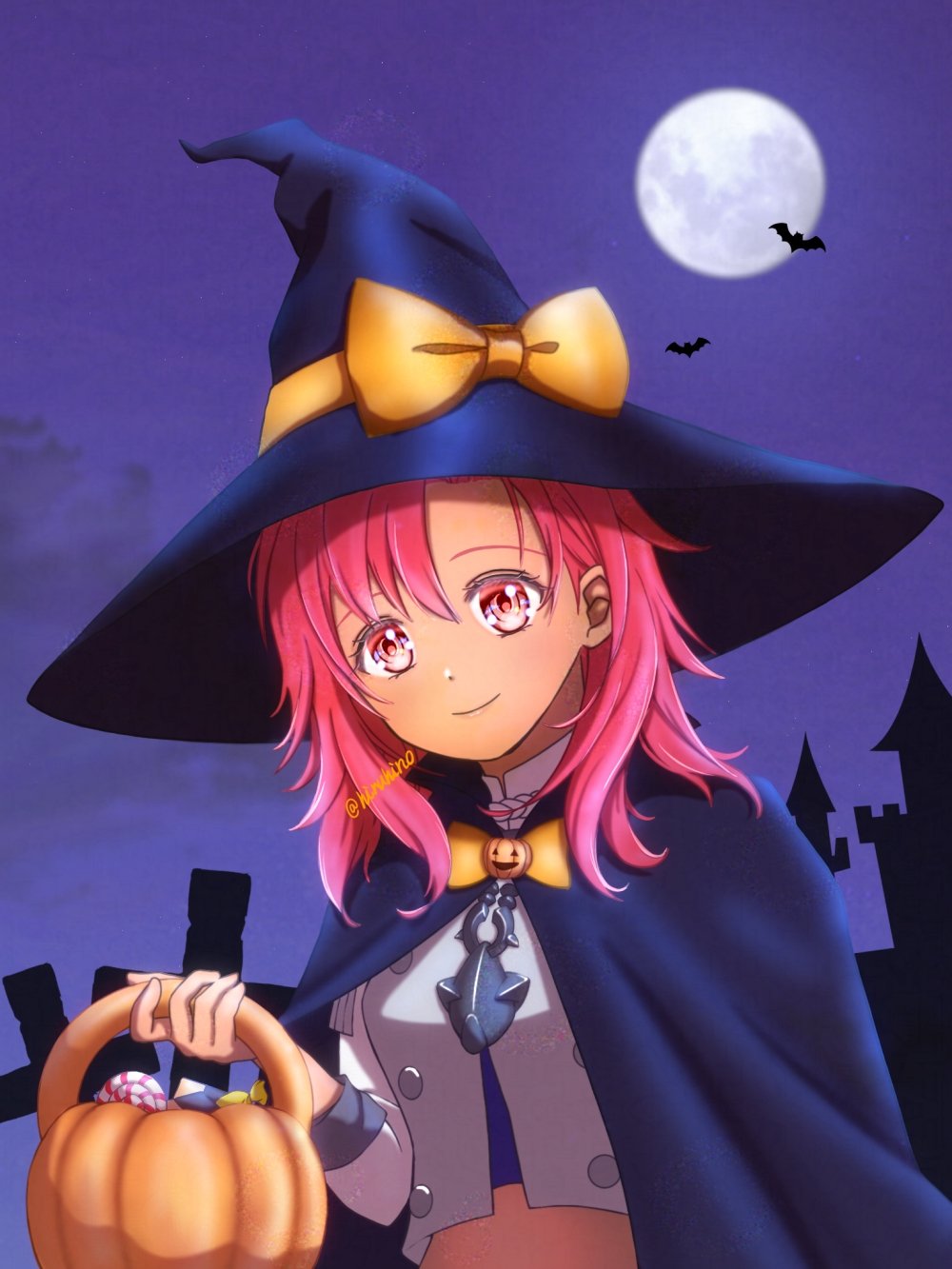 hiruhino, hapi (fire emblem), fire emblem, fire emblem: three houses, nintendo, highres, 1girl, alternate costume, bat (animal), bow, bowtie, breasts, candy, dark-skinned female, dark skin, food, full moon, garreg mach monastery uniform, halloween, halloween bucket, halloween costume, hat, looking at viewer, medium breasts, moon, red eyes, red hair, solo, witch, witch hat