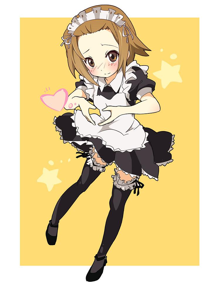 ixy, tainaka ritsu, k-on!, jpeg artifacts, 1girl, apron, frills, heart, heart hands, maid, moe moe kyun!, ribbon, short hair, solo, thighhighs