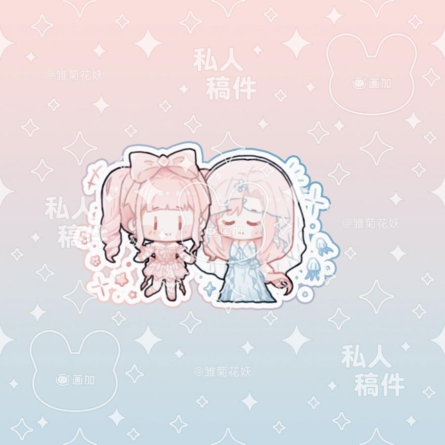 daughter of the lake (infinity nikki), nikki (nikki), pink ribbon waltz (infinity nikki), infinity nikki, nikki (series), commission, +++, 2girls, aying99792, bare shoulders, blue background, blue dress, blue sleeves, blunt bangs, blush stickers, bow, bow earrings, bowtie, brown eyes, chibi, closed mouth, coattails, detached sleeves, dress, drill hair, dual persona, earrings, gradient background, hair bow, hands on own chest, happy, heads together, jellyfish, jewelry, large bow, leg ribbon, long dress, long hair, low-tied long hair, multiple girls, notice lines, off-shoulder dress, off shoulder, outline, pink background, pink bow, pink bowtie, pink dress, pink hair, pink ribbon, pink shoes, pleated dress, ribbon, sample watermark, see-through clothes, see-through veil, shoes, short dress, short sleeves, sidelocks, simple background, smile, solid oval eyes, sparkle, standing, star (symbol), too many watermarks, twintails, two-tone background, veil, very long hair, watermark, watermark grid, white outline, white veil