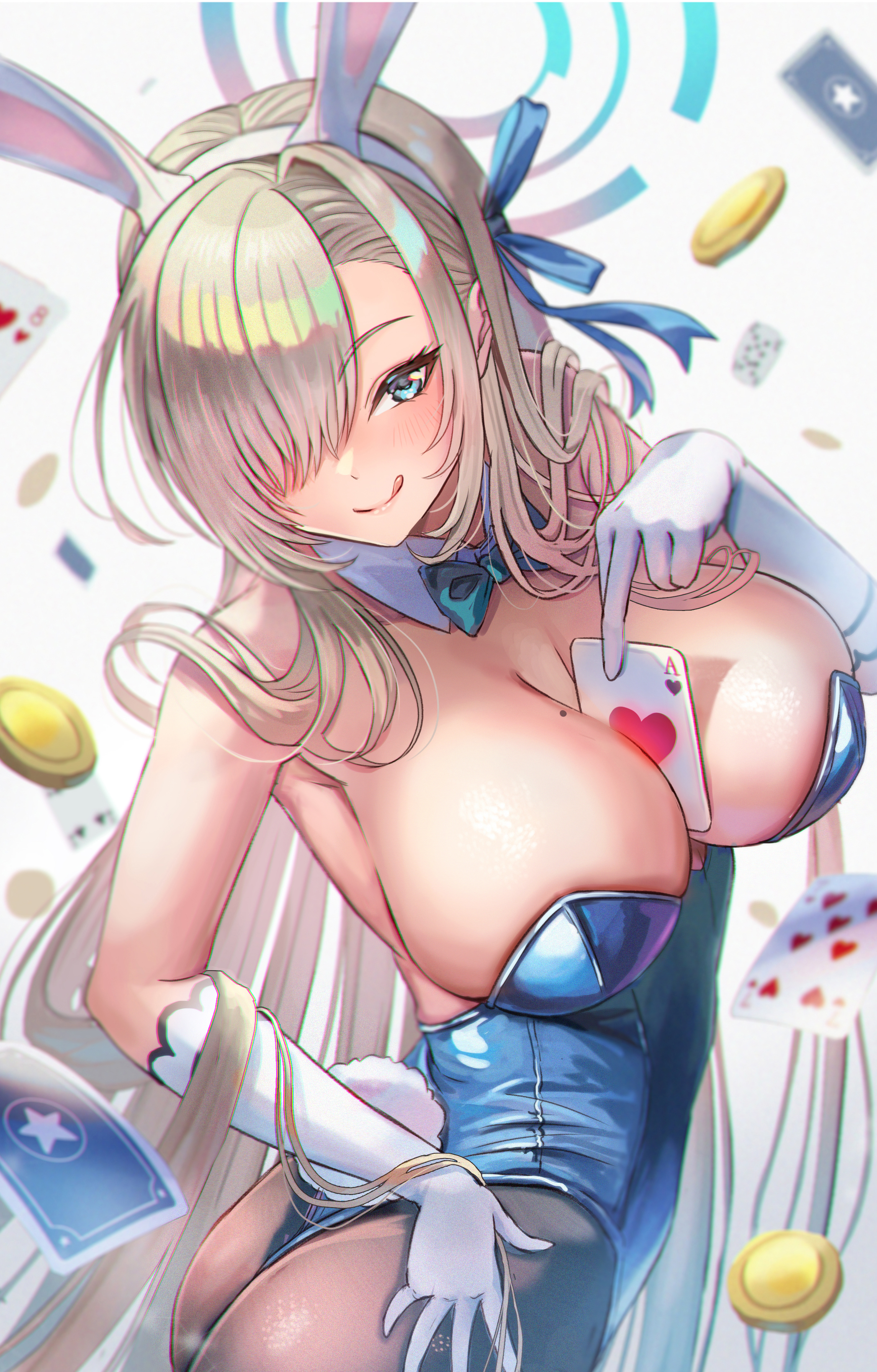 madopen, asuna (blue archive), asuna (bunny) (blue archive), blue archive, absurdres, highres, 1girl, animal ears, ass, black pantyhose, blonde hair, blue eyes, blue leotard, breasts, card, cleavage, collar, detached collar, fake animal ears, gloves, hair over one eye, halo, holding, holding card, large breasts, leotard, looking at viewer, mole, mole on breast, official alternate costume, pantyhose, playboy bunny, playing card, smile, solo, strapless, strapless leotard, tongue, tongue out, white collar, white gloves