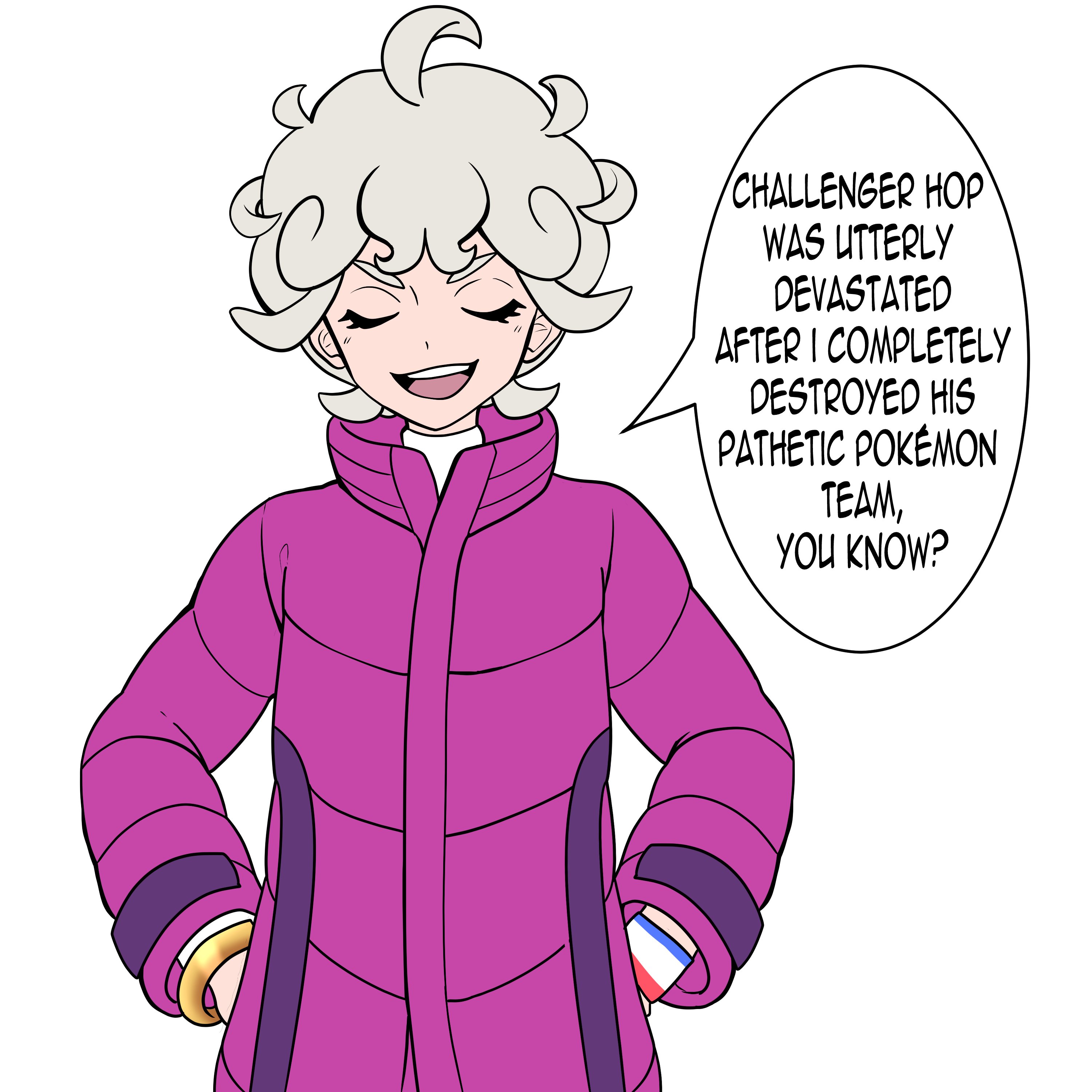 muis0802, bede (pokemon), nintendo, pokemon, pokemon swsh, absurdres, commentary, highres, 1boy, :d, ahoge, blonde hair, bracelet, closed eyes, coat, curly hair, dynamax band, english text, eyelashes, facing viewer, hands on own hips, high collar, jewelry, male focus, open mouth, purple coat, shirt, short hair, simple background, smile, smug, solo, speech bubble, teeth, upper teeth only, white background, white shirt