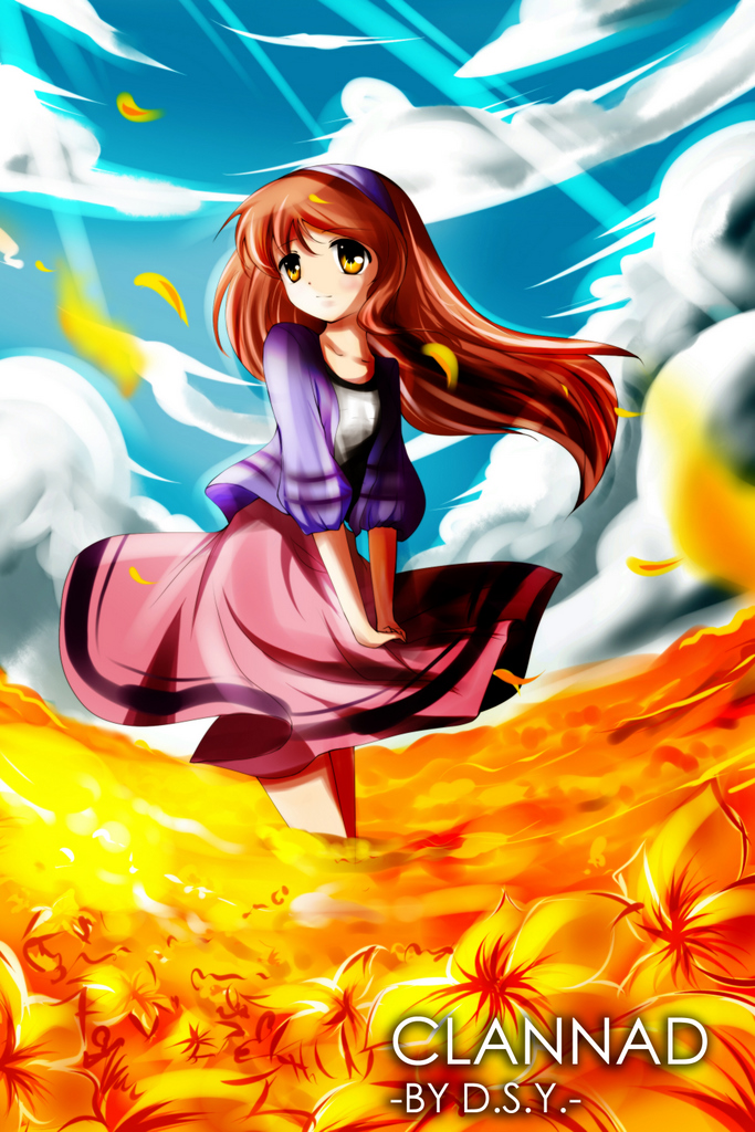 dengshuyu, girl from the illusionary world, okazaki ushio, clannad, spoilers, 00s, 1girl, aged up, bandana, brown eyes, brown hair, cloud, female focus, flower, long hair, solo