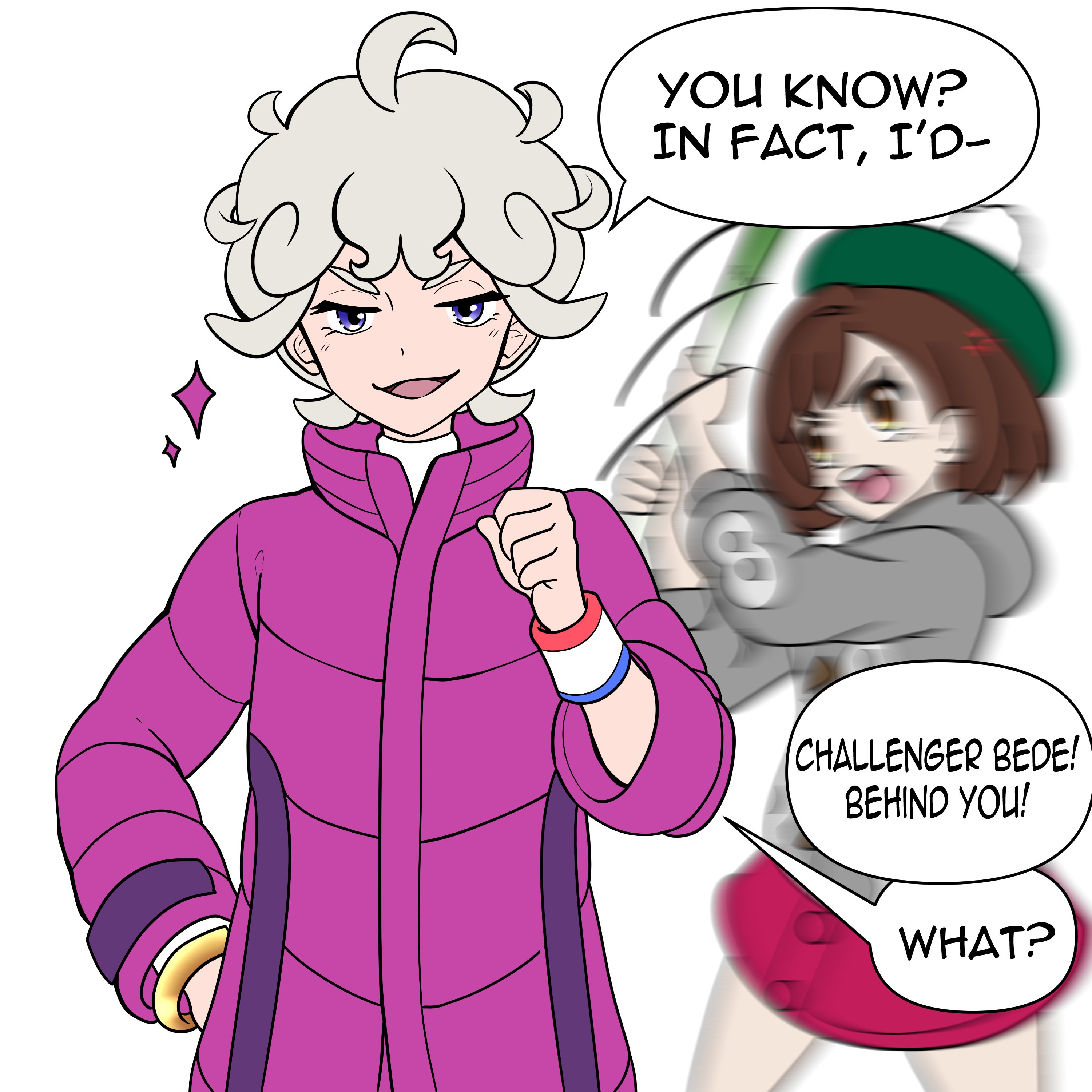 muis0802, bede (pokemon), gloria (pokemon), nintendo, pokemon, pokemon swsh, absurdres, commentary, highres, 1boy, 1girl, :d, ahoge, blonde hair, bracelet, clenched hand, coat, curly hair, dynamax band, english text, food, hand on own hip, hand up, high collar, holding, holding food, holding spring onion, holding vegetable, jewelry, looking at viewer, motion blur, motion lines, open mouth, purple coat, shirt, short hair, simple background, smile, sparkle, speech bubble, spring onion, vegetable, white background, white shirt