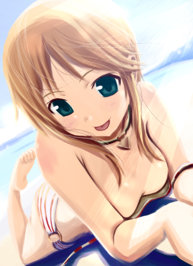 futari no ana, wadapen, elpeo puru, gundam, gundam zz, untied, 1girl, :p, barefoot, beach, bikini, blonde hair, breasts, cleavage, day, dutch angle, feet, female focus, green eyes, jewelry, long hair, lying, medium breasts, necklace, on stomach, outdoors, solo, sunbathing, swimsuit, tongue, tongue out