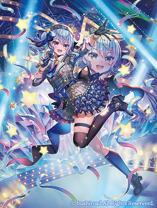 madopen, hoshimachi suisei, hoshimachi suisei (1st costume), cardfight!! vanguard, hololive, official art, 1girl, beret, black gloves, black shoes, black thighhighs, blue theme, gloves, grey hat, grey shirt, grey skirt, hat, holding, holding microphone, looking at viewer, microphone, open mouth, partially fingerless gloves, shirt, shoes, skirt, smile, solo, striped clothes, striped shirt, teeth, thigh strap, thighhighs, upper teeth only, vertical-striped clothes, vertical-striped shirt, virtual youtuber
